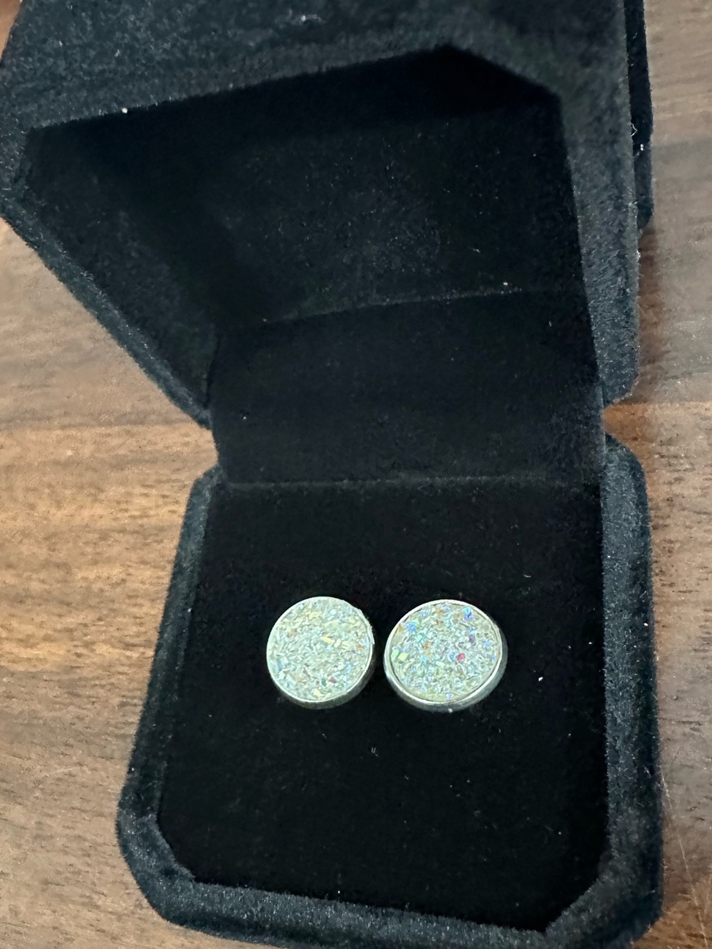 Authentic White Iridescent Crystal Druzy Round Stud Earrings in Silver